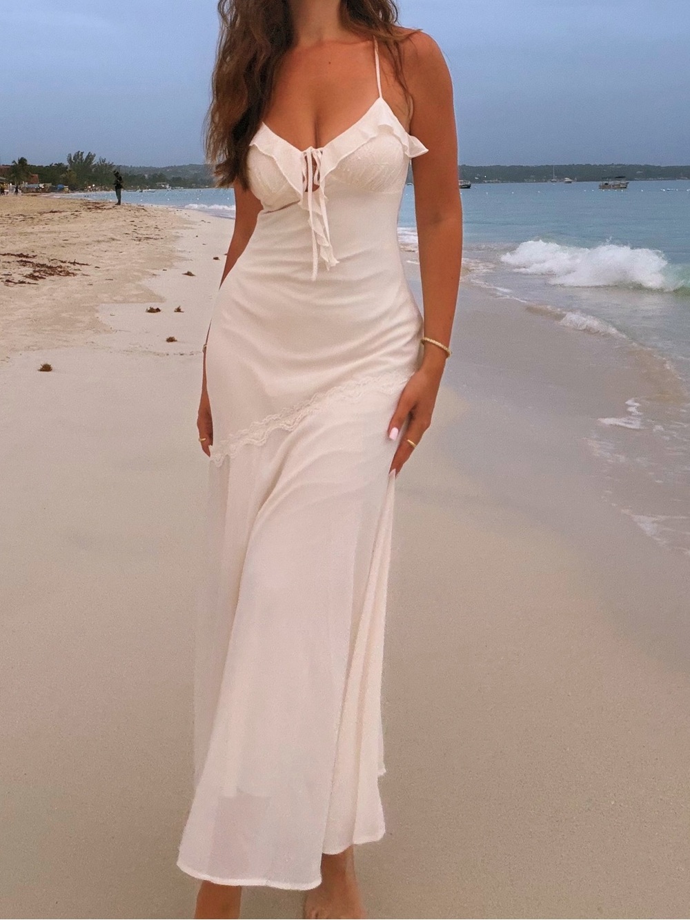Lace-Trim Satin Slip Dress in Cream